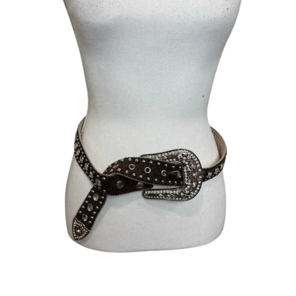Y2K Cheetah Print Studded Leather Belt Big Buckle Statement M